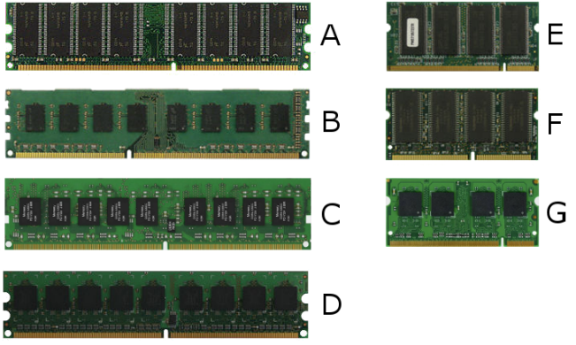 <p>Consider the memory modules shown in the image below.</p><p>Drag each label on the left and drop it on the letter on the right that best identifies the associated memory module form.</p>