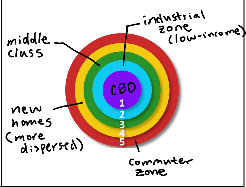 <p><span>A theory of urban development proposed by sociologist Ernest Burgess, which describes cities as growing outward from a central area in a series of concentric rings.</span></p><ul><li><p><span>Example: Chicago, USA.</span></p></li><li><p><span>Significance: It provides a framework for understanding urban spatial structure and the socio-economic gradients within cities.</span></p></li></ul>