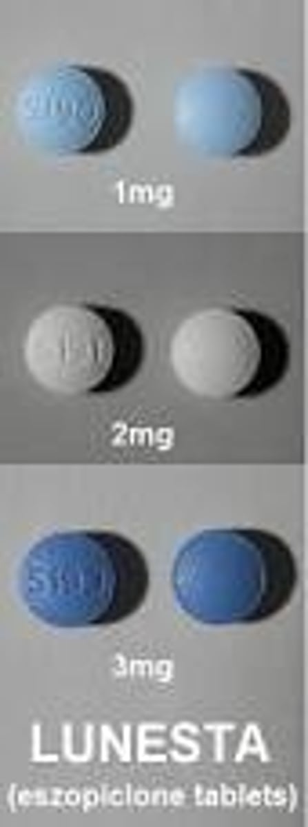 <p>Eszopiclone</p><p>Sedative/Hypnotic</p><p>Insomnia</p><p>C-IV</p>