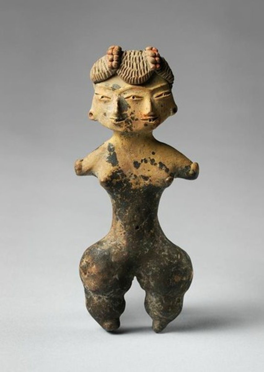<p>ceramic; Mexico noted for pottery; show elaborate details of hairstyles , clothing, and body ornaments; two heads signified conjoined twins or stillborn; first evidence of congenital defects</p>