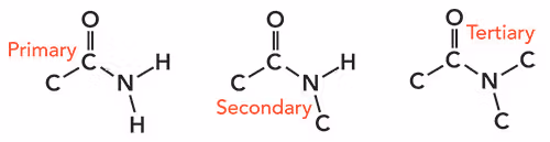 <p>-derived from <strong>acyl chlorides</strong> reacted with <span style="color: red;"><strong>ammonia if primary</strong></span> or <span style="color: blue;"><strong>amine if secondary</strong></span></p><p>-difference with amine - has <strong>C=O</strong></p><p>-primary, secondary + tertiary = refer to the <strong>1 alkyl group attached to carbon</strong> ADD <strong>number of alkyl groups attached to nitrogen</strong></p>