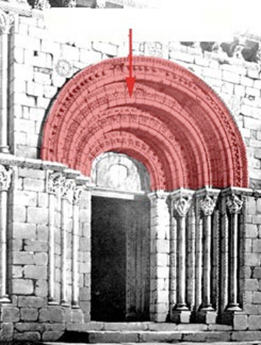 <p>a band of molding, resembling an architrave, around the lower curve of an arch.</p>