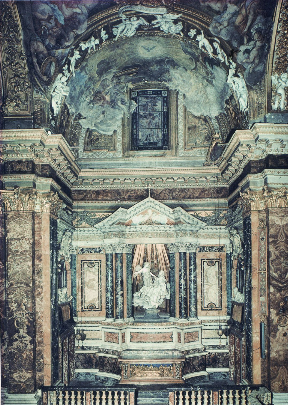 <p>Church was built to celebrate the victory of the 30 years war (Catholics vs protestants). Variety of mediums used, marble states, stucco clouds, paintings above and throughout. Sides of chapel look like they are opera balconies where people can peek in. Members of the Cornaro family are depicted, background is a relief and creates the illusion of a recession into space. Niche in the back wall (centerpiece) appears to have rays of light pouring in, there is a hole to produce natural light to illuminate the figures. St. Theresa is an important member of the counter reformation in the center, depicts one of her religious visions where she would have felt like she was levitating. Figures are draped over a cloud, one doesn’t see St. Theresa’s body, angel seems to be pulling her clothes, angel’s clothes are also different (like flames), her eyes are rolled back, scandalous (union btwn St. Theresa and God). </p>