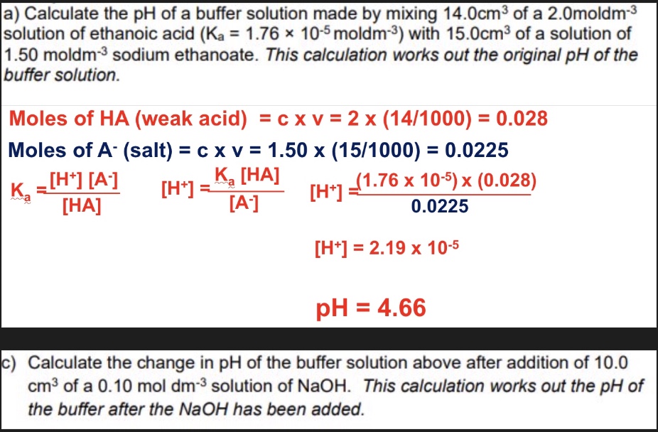 <p>using the info of the buffer solution given, work out the change in pH </p>