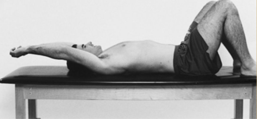 <p><strong>Purpose</strong>: To assess the length of latissimus dorsi and teres major muscles:​</p><p><strong>Steps: (Active Free)</strong>​</p><ol><li><p>Place the client in a supine position.​</p></li><li><p>Instruct the client to flex the hips and knees with the plantar surface of both feet flat on the table. The pelvis is in posterior pelvic tilt so the low back is held flat on the table.​</p></li><li><p>Instruct the client to raise both arms above the head, through full flexion at the glenohumeral joints, allowing the posterior surface of both arms to contact the table.​</p></li></ol><p><strong>Positive Sign:</strong> If the GH joints cannot be fully flexed, the arms will not rest on the table above the client's head. ​</p>