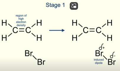 <ul><li><p>Halogen molecule (Br2) has no permanent dipole </p></li><li><p>But the region of high electron density in the double bond of the alkene repels the electron pair of the covalent bond in the Br molecule </p></li><li><p>Br2 now has an induced dipole </p></li></ul><p></p>