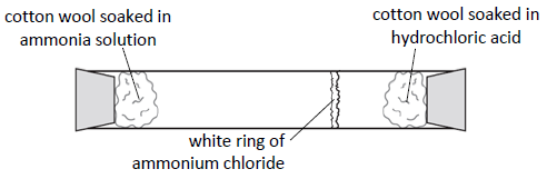 1. place substances in opposite ends of the glass tube 
2. a white ring of ammonium chloride will form where the ammonia and hydrochloric acid meet 
3. the location of the white ring determines the rate of diffusion; middle of the tube means the substances diffused equally
4. usually forms closer to the hydrochloric acid because ammonia has a smaller atomic mass and diffuses quicker