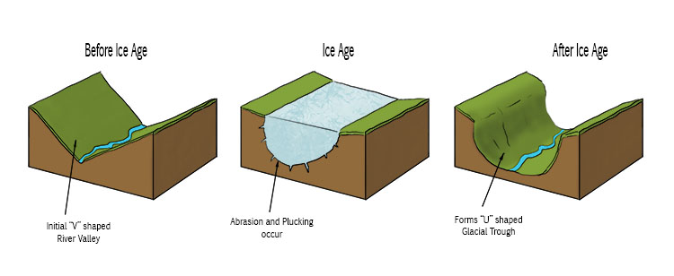 <p>Explain the process of how <strong>glacial troughs</strong>/<strong>U shaped valleys</strong> are formed</p>
