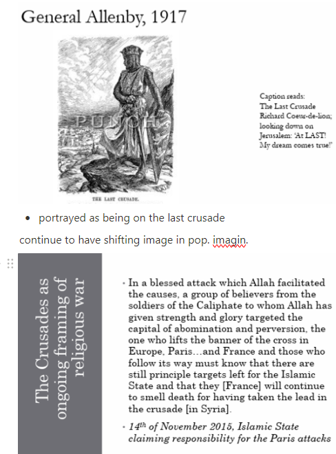 <p>fall Acre signalled end plausible effort to recapture these holy places for Christianity (1291 no longer viable → became <u>generalised</u> &amp; <u>institutionalised</u> &amp; <u>internalised</u> within Latin Christian culture in Europe as tomorrow’s lecture will look at)</p><ul><li><p>even c14 &amp; 15thC german wars in italy &amp; england wars in france classed as Crusades - becomes foundation for how we examine war/foundational element European warfare</p></li></ul><p>foundiona cultural practice of MA Latin</p><ul><li><p>not just someth. European knights did on holiday but foundatinal element of what European Latin culture was like</p></li></ul><p>looking at Crusades allows us to see intersection/ collission 2 worlds - not sep.</p><ul><li><p>validity fram. European history as sep. ← broader Levantine Asian history becausee these wrolds massively collide dur. this period in v/interesting ways</p></li></ul><ul><li><p>1st Crusade most pop., but even then <s>large prop. popul.</s></p></li><li><p>recruitment geographically restrictured</p></li><li><p>limited impact in terms changes to trade, imports, material culture</p><ul><li><p>multiculturalist empahsis belies fact interactions happened before (trade, spices, new types horses…</p></li></ul></li><li><p><s>seem to have impacted demographics/ <span data-name="family" data-type="emoji">👪</span> relations</s></p><ul><li><p>(older scholarship) social dynamics West not changed massively by Crusade because younger sons went off &amp; fought on Crusade</p></li></ul></li></ul><p>→ (apart ← in few locations where crusading → someth. of a craze) tangible impact on European communities was relatively limited</p><p>Nevertheless, crusades as form sacrilised warfare/ holy war directed tow. recapturing HL → m/larger phen. than wars themselves had ever been.</p><p>Insead → cultural platform for perform. piety, aristocratic virtue &amp; noble suffer. for meritorious cause (akin to how we use word now, crusade against child poverty)</p><p>Crusade turned in on itself &amp; → framework for warring against other Christians, purifying soc. &amp; draw. lines distinction bet. types <span data-name="person_standing" data-type="emoji">🧍</span>which supp. nationalism &amp; group identity.</p><ul><li><p>as war → mental cultural obsession Latin Europe</p></li></ul><p>crash course ones too</p><p>memory &amp; adaptable phenomeon bale to tb adapted to diff. contexts</p><ul><li><p>doesn’t remain stable phenomenon - hency why analysing motivations and benefits of it is crucial</p></li></ul>