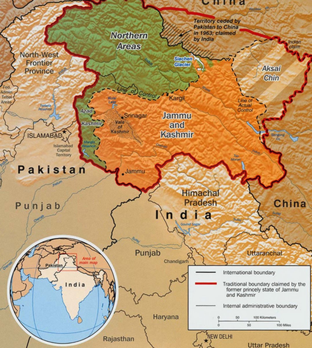 <p>conflict between India and Pakistan</p><p>both want land/water</p><p>religious differences</p>