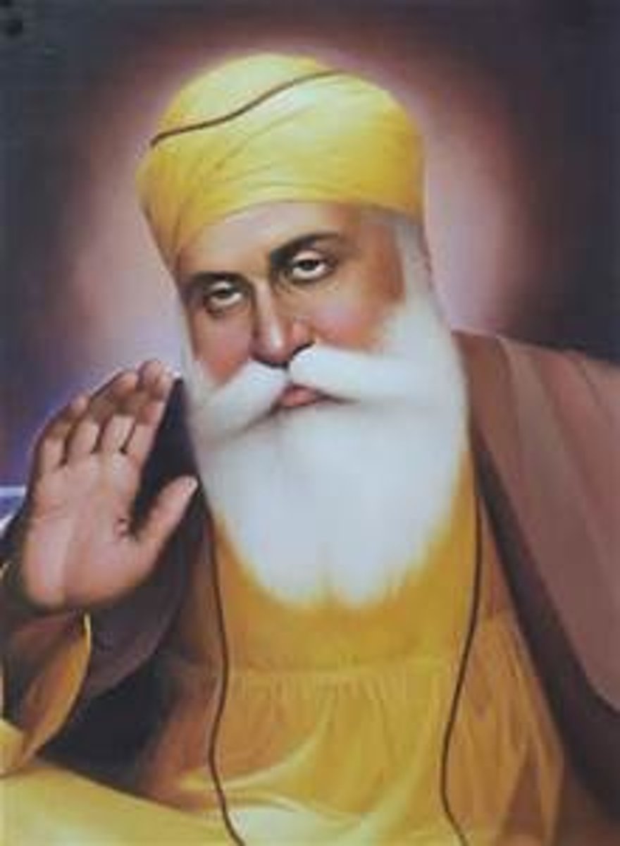 <p>resisted hindu worship and caste system as a child. when bathing in a river he disapeared where he was taken to the court of god and given cup of nectar and was charged to preach one god . founded sikh fairth and introduced concept of one god and langhar</p>