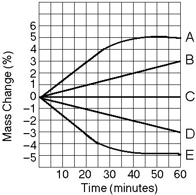<p>Which line or lines in the graph represent(s) bags that contain a solution that is hypertonic at 50 minutes?<br>A) A and B<br>B) B<br>C) C<br>D) D<br>E) D and E</p>