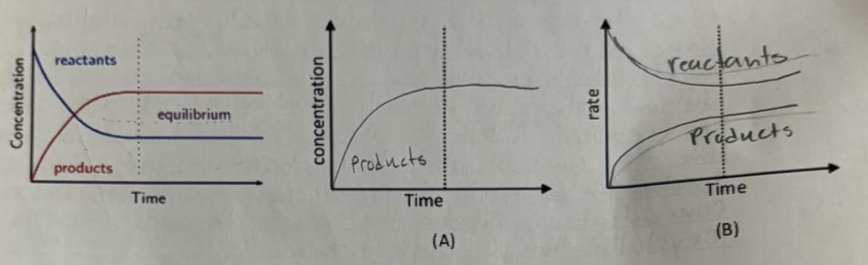 <ol start="3"><li><p>Consider a reaction such as A + B <span data-name="left_right_arrow" data-type="emoji">↔</span> C</p></li></ol><p>In an initial experiment, reactants are placed into a container and allowed to come to equilibrium, as shown in the completed sketch graph below.</p><p></p><p>a) complete the sketch graph (A) if the same container is used and the experiment is repeated, but instead, products are put into the container (no reactants) and allowed to come to equilibrium (2 marks)</p><p></p><p>b) Use the initial experiments and complete sketch graph (B), which shows rates (2 marks)</p><p>(pic has wrong answers so dont use those )</p>