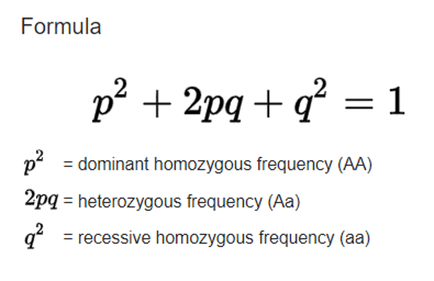 <p><mark data-color="red">p</mark> + <mark data-color="yellow">q</mark> = 1<br><mark data-color="red">p= dominant allele</mark><br><mark data-color="yellow">q= recessive allele</mark></p>