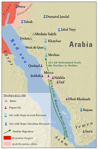 <p>Muhammad&apos;s departure from Mecca to Medina in AD 622, prompted by the opposition of the merchants of Mecca. Created the first Muslim community, and is widely considered to mark the beginning of Islam.</p>