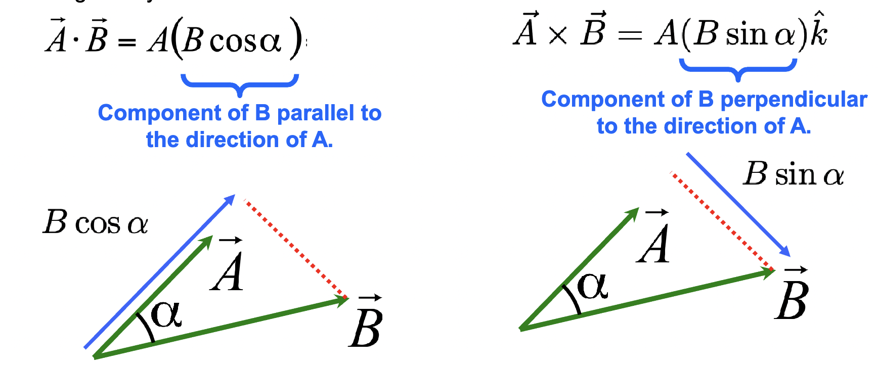 <p>Dot vs cross product:</p><ul><li><p>A (dot) B = A(B cos(a)) = component of B is PARALLEL to the direction of A </p></li><li><p>A x B = A (B sin(a)) = Component of B PERPENDICULAR to the direction of A </p></li></ul><p></p>
