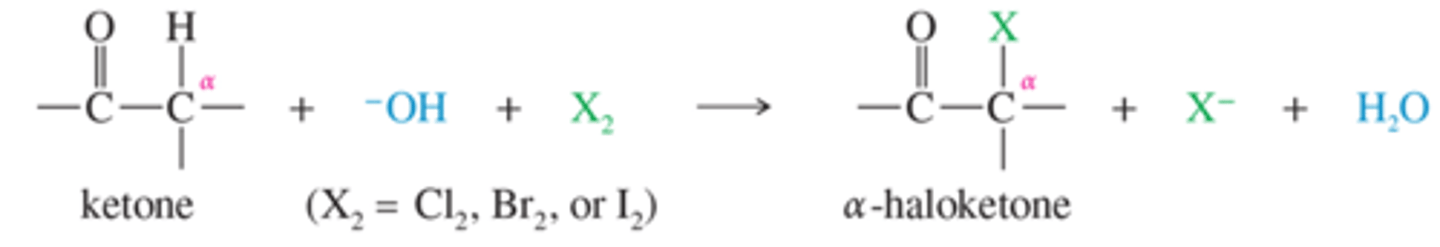<p>Take keytone/carbonyl containing group.</p><p>Add base -OH with X2</p>