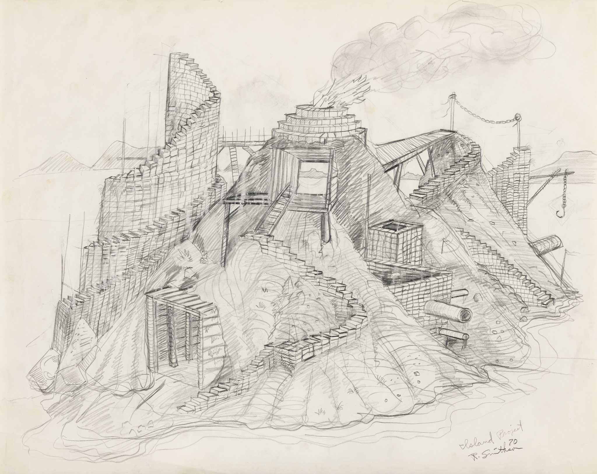 <p>“Concrete Habitat on Miami Islet Drawing” Robert Smithson, 1970</p>