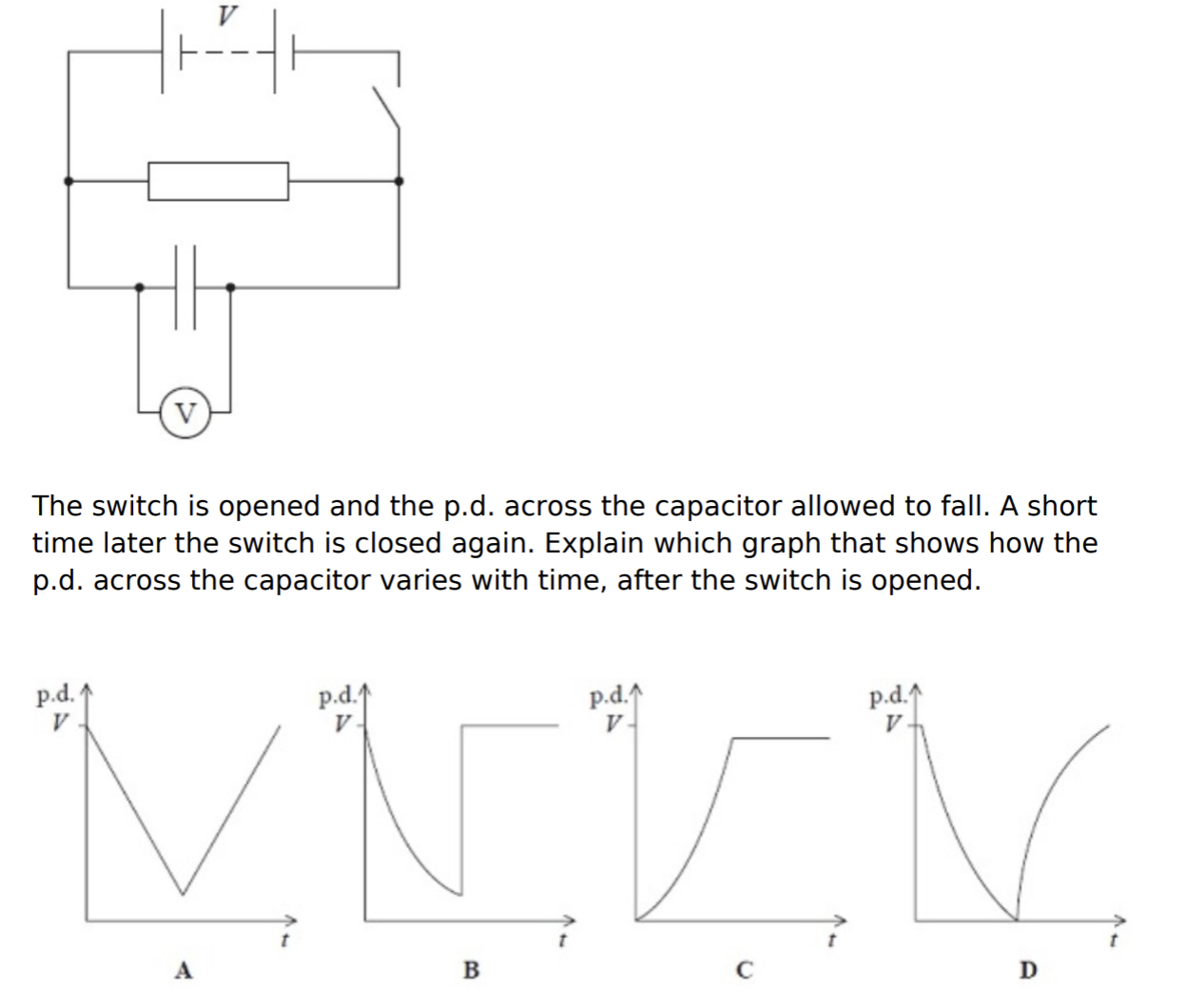 <ol start="13"><li><p>The capacitor shown in the circuit below is initially charged to a potential difference V by closing the switch. The power supply has negligible internal resistance.</p></li></ol><p></p><p>The switch is opened and the pd across the capacitor is allowed to fall. A short time later, the switch is closed again. Explain which graph shows how the pd across the capacitor varies with time, after the switch is opened.</p><p></p>