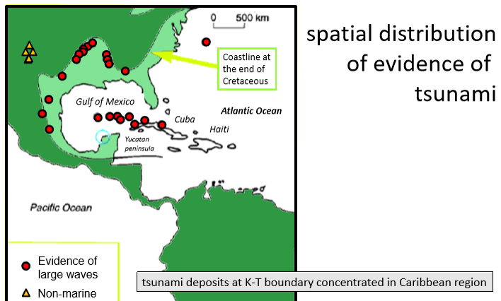 <p>rapid (geologically instantaneous) deposition of sediments can occur after events such as earth quakes HOWEVER</p><p>tsunami deposits at K-T boundary concentrated in Caribbean region</p>