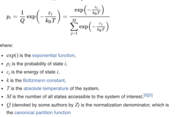 <p>a probability distribution that gives the probability of a certain state as a function of that state’s energy and temp of the system to which distribution is applied</p>