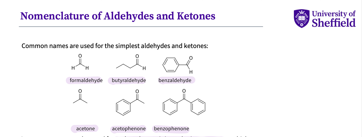 <p>-formaldehyde- 2 H </p><p>-butyraldehyde - 4 carbon </p><p>-benzaldehyde- benzene ring </p><p>-acetone- normal  3C</p><p>-acetophenone - benzene and 3 C </p><p>-benzophenone - 2 benzene rings </p><p></p>