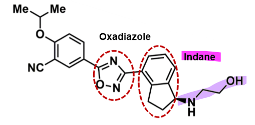 <ul><li><p>pharmacophore: indane +oxadiazole&nbsp;</p></li><li><p>amphiphilic molecule&nbsp;→ good into CNS</p><ul><li><p>aminoethanol polar group </p></li><li><p>ethoepxy phenol lipophilic group&nbsp;</p></li></ul></li><li><p>more potent than fingolimod&nbsp;</p><ul><li><p>less cytotoxic profile b/c more selective to receptor&nbsp;</p></li></ul></li><li><p>active metabolites + active parent </p></li></ul><p></p>