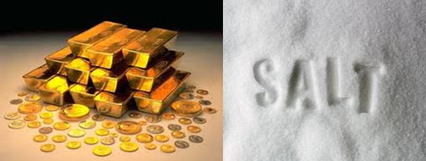 <p>Gold and salt made up trade and wealth in the African kingdoms because the Europeans wanted gold, and the Africans needed salt</p>