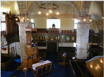 <p>Burntisland Parish church, 1592. port became royal burgh in 1568, panels relate to the trading history of the town.</p>