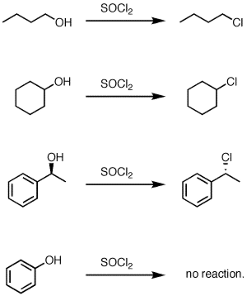<p>SOCL2 and organic amine base gives R-Cl</p><p>*converst R-OH to a sulfite ester (resonance stability = better leaving group)</p><p>- used with methods that react with H+</p><p>-Regiospecific: Cl- adds to C(alpha)</p><p>-Stereospecific: C(alpha) inversion</p><p>**only 1st and 2nd degree ROHs</p>