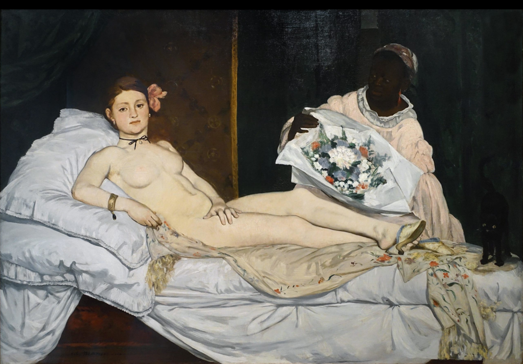 <ul><li><p>realism</p></li><li><p>inspired by Titian’s Venus of Urbino</p></li><li><p>real woman (not mythology), features not idealized</p></li><li><p>sex worker (Olympia is a pseudonym for prostitutes)</p></li><li><p>maid presenting her flowers; jewelry, fancy sheets, etc (wealth)</p></li><li><p>expression (looking at viewer—intruder), hand placement -&nbsp; shows she does not enjoy the male eye</p></li><li><p>flower offering implies visitor (viewer?)</p></li><li><p>pale contrasting skin tone draws eye to her</p></li><li><p>disliked by public, thought she was ugly</p></li></ul><p></p>