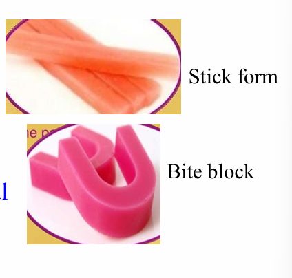 <ul><li><p><strong>Pattern </strong>wax</p></li><li><p>Above mouth temp</p></li><li><p>Restoring occlusal relationship</p></li><li><p>Arrangement of teeth</p></li></ul><p></p>