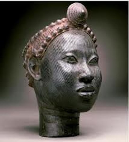 <p>Ife, Yoruba culture, 12th-15th cent; brass; similar to heads at Benin; lines on the face could represent scarification; often compared to Western art; African art</p>