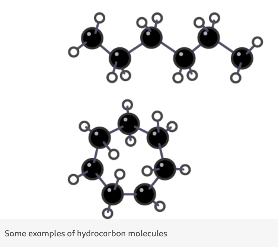 <p>The carbon atoms in these molecules are joined together in chains and rings</p>