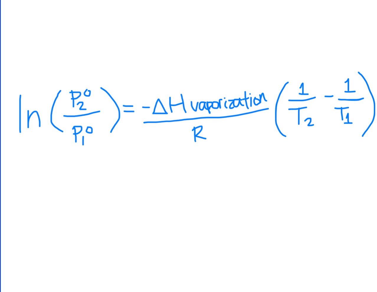 <p>Always make P2^o the unknown of solving for it</p><p>Temperature = Kelvin</p><p>R = 8.314 × 10^-3 kJ/mol*K</p><p>At 25 C, ΔHvap = 44 kJ/mol</p><p>At 100 C, ΔHvap = 40.65 kJ/mol</p>