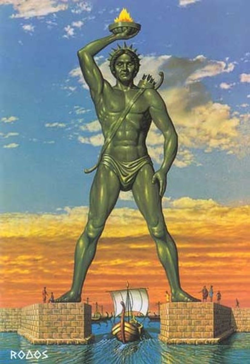 <p>depicts helios, The Colossus of Rhodes was a statue of the Greek titan-god of the sun Helios,</p>