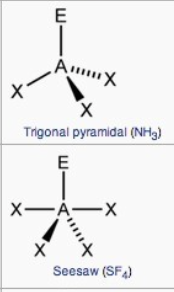 <ul><li><p>trigonal pyramidal</p></li><li><p>119° or 89°</p></li></ul><p>OR</p><ul><li><p>see-saw</p></li><li><p>89°</p></li></ul><p></p>