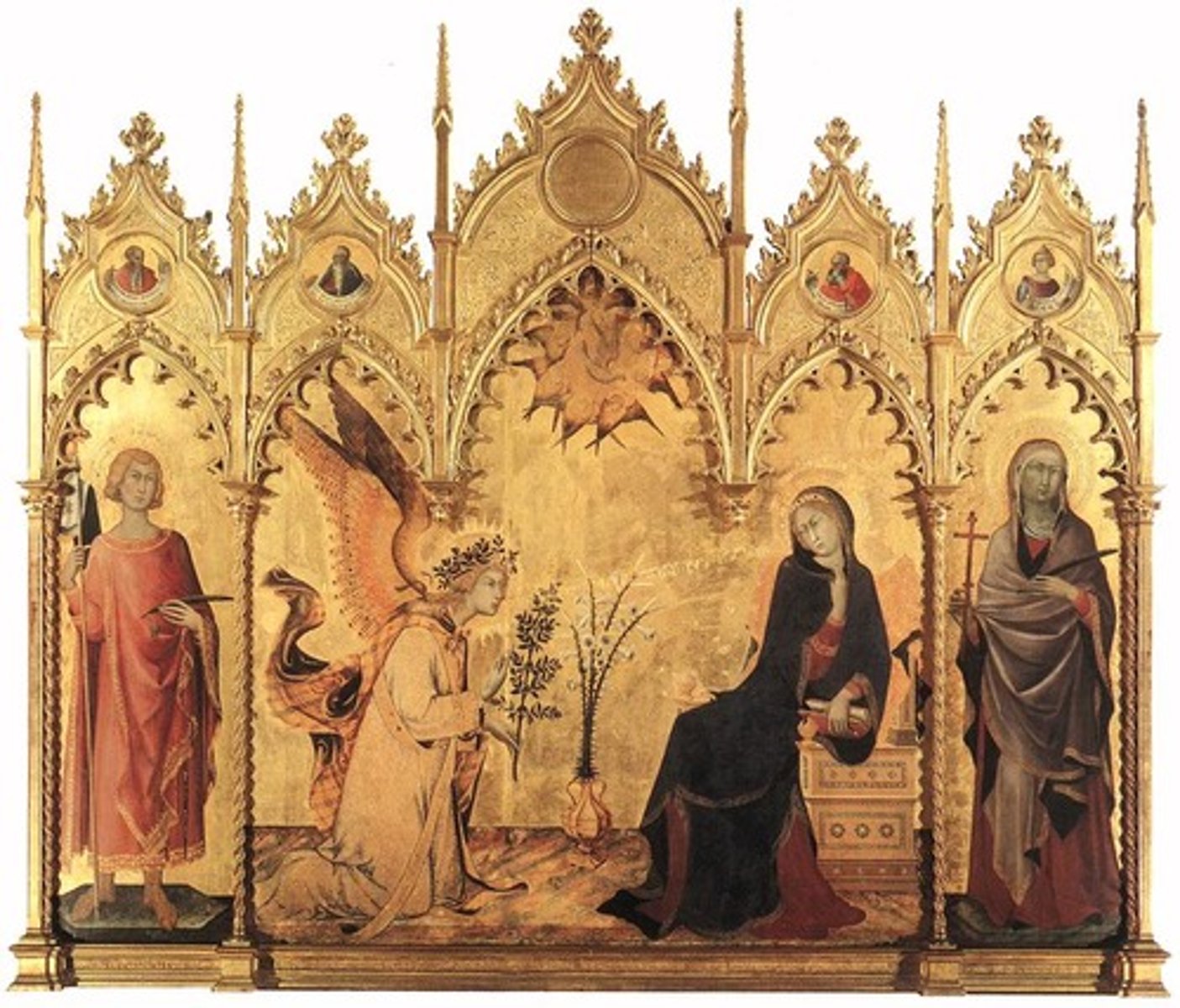 <p>Gold background=heavenly sphere</p><p>Compared to Angelico: Concrete location of open air gallery in Italy; classic architecture; rational and understandable space; linear perspective (orthogonal on left); recesses into space creates sense of pictorial illusionism</p>