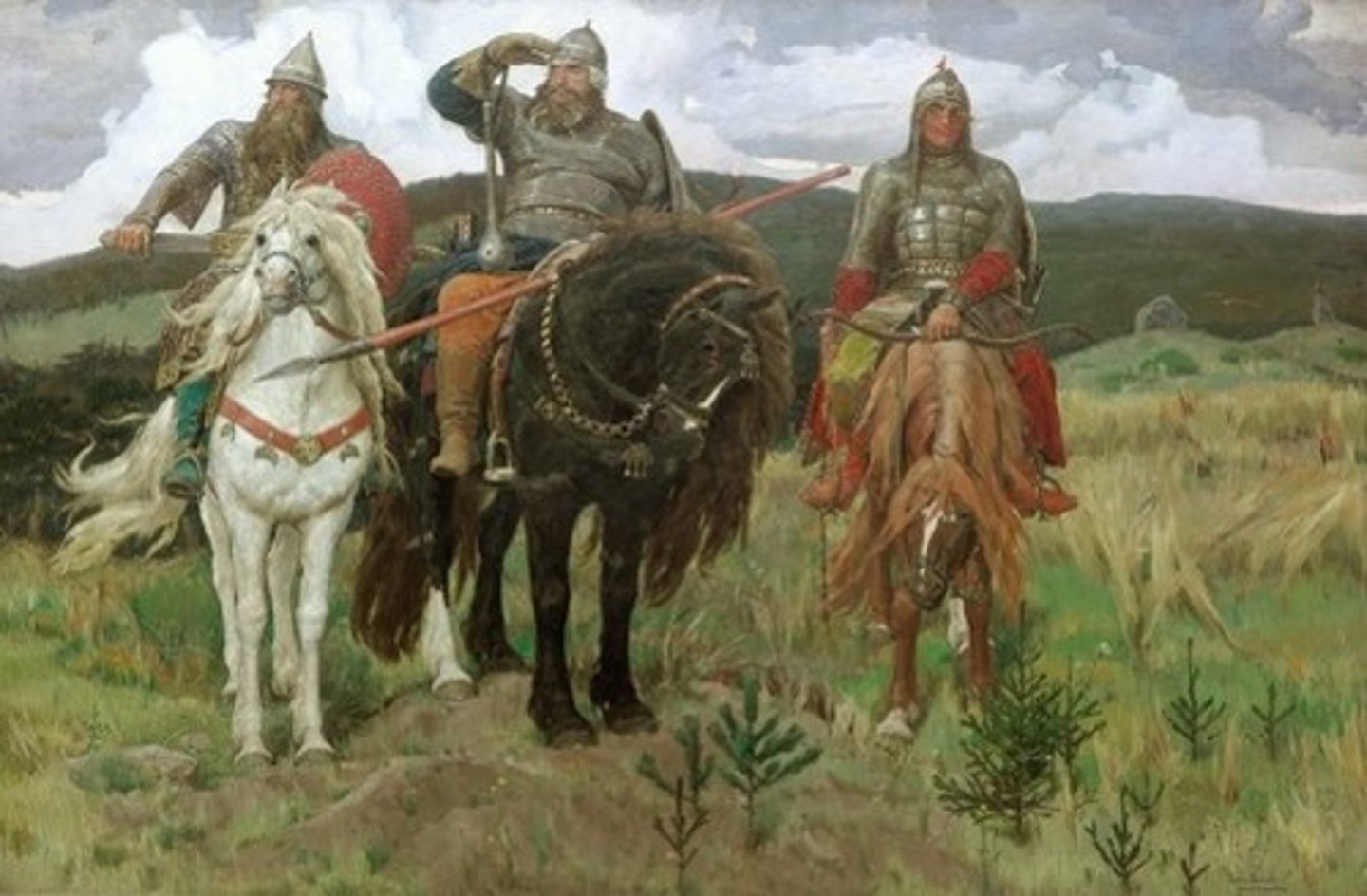 <p>Painter: Viktor Vasnetsov, "The Three Supermen/Bogatyrs", Dobrynia Nikitich, Ilya of Murom, Alesha Popovich</p>