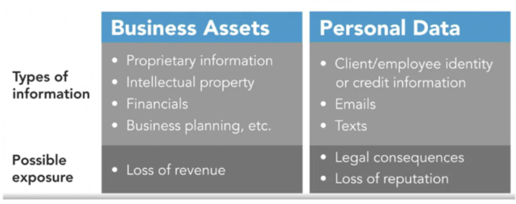 <p>-proprietary information</p><p>-intellectual property</p><p>-financials</p><p>-business planning</p>
