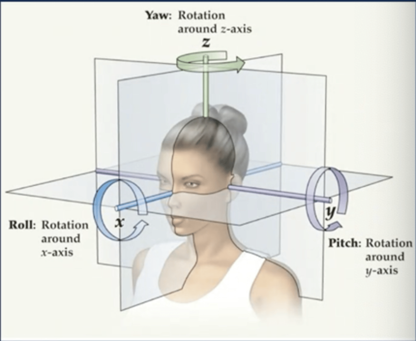 <p>x: moving front or back (being in car)</p><p>y: moving left or right (stepping to the side)</p><p>z: moving up or down (being in an elevator)</p>