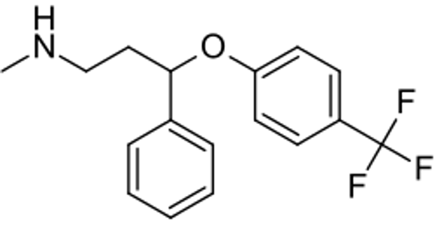 <p>- SSRI</p><p>- sold as racemic mixture</p><p>- metabolized in the liver by CYP2D6</p><p>- major metabolite is demethylated product norfluoxetine</p><p>- both fluoxetine and norfluoxetine inhibit CYP2D6</p><p>- has extremely long half-life which makes it less common to develop discontinuation syndrome following cessation of therapy compared to other SSRIs (elimination in 1-3 days)</p>