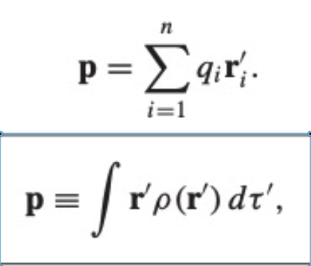 <p>This is the formulas for dipole moment for a continuous distribution or an arrangement of charges. This is the main thing to remember because to find potential&nbsp;you'll use this to find the dipole potential contribution, quadrupole and up get significantly less simple.</p>