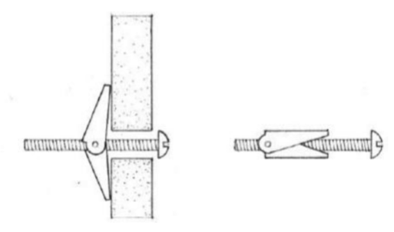 <p>Bolt having a nut with pivoted flanged wings that close against a spring when it is pushed through a hole, and open after emerging from the hole; used to fasten objects to a hollow wall or to a wall which is accessible only from one side. Toggle bolts are used to fasten materials to plaster, gypsum board, and other thin wall materials</p>