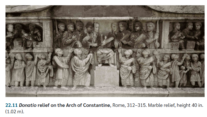 <p>Late Roman. Constantinian Relief. Lacks naturalism and a convincing perspective. large heads. frieze. Hierarchical scale. </p>