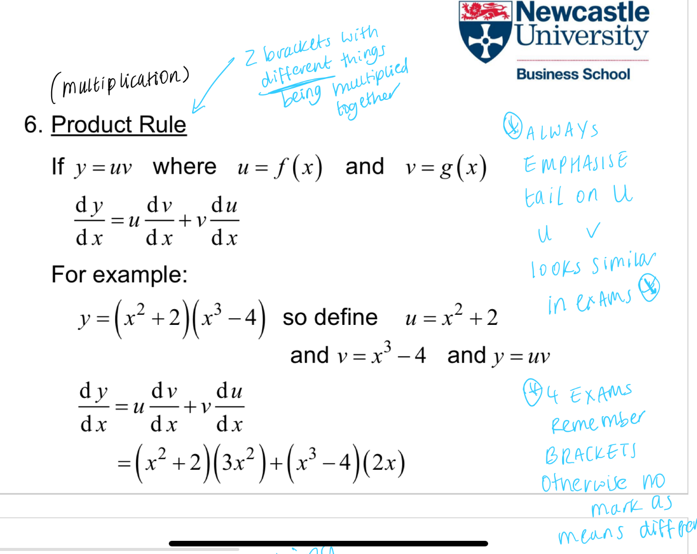 <p>different things in each bracket</p><p></p><p>dy/dx = v(du/dx) + u (dv/dx)</p><p><strong>U WITH A V, V WITH A U</strong></p><p></p><p>because of things in front = cross multiplication</p>