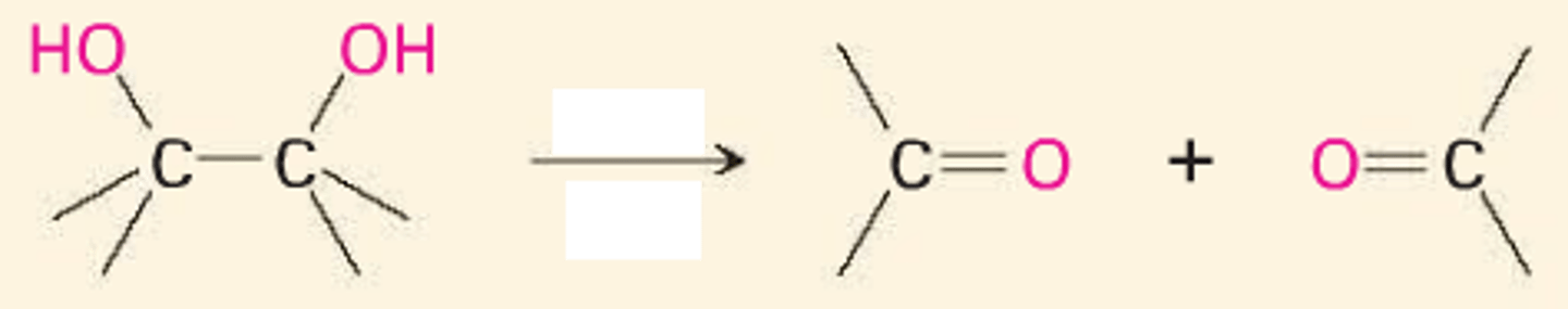 <p>dialdehyde</p><p>breaks C-C bond</p>