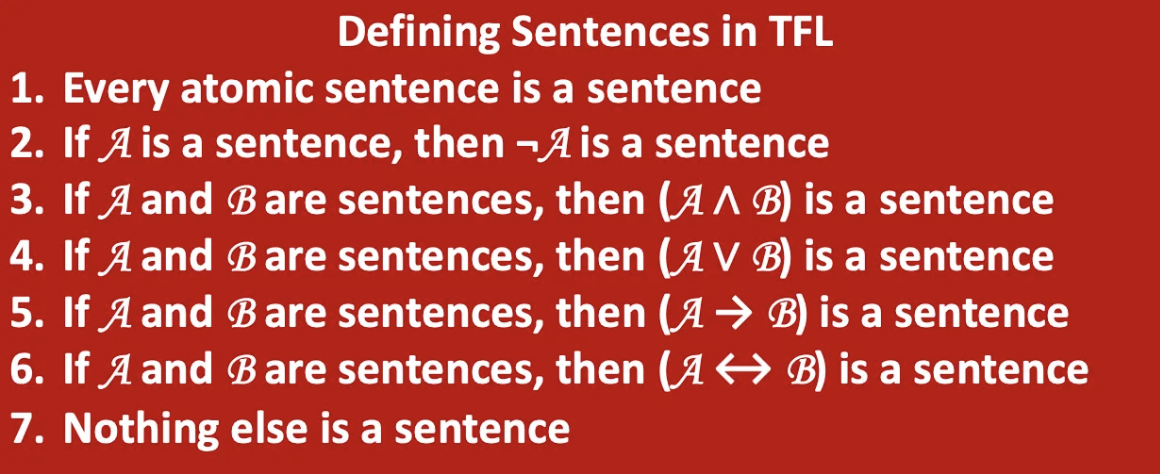 <ol><li><p>Individual atomic sentences</p></li><li><p>Further sentences formed out of them using connectives</p></li></ol><ul><li><p>This is a <strong><em>recursive</em></strong> definition – begins with specific base elements (ex. atomic atoms), then details ways to generate infinitely many more elements by compounding previously established ones</p><ul><li><p>Allows us to <em>decompose</em> sentences too – if we get to atomic sentences, then our initial expression was a sentence!</p><ul><li><p>find the connective that was added last until you get all the way to the atoms —&gt; shows it’s a sentence</p></li></ul></li></ul></li></ul><p>Recursive structure of TFL sentences means we can also define what we mean by the scope of a connective</p>