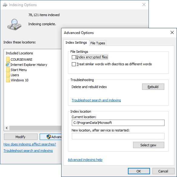 <p>Indexing Options</p>