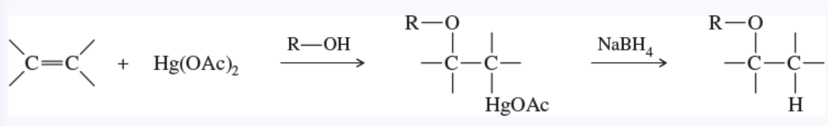 <ul><li><p>the addition of mercuric acetate to an alkene in an alcohol solution, forming an alkoxymercurial intermediate </p></li><li><p>demercuration gives an ether </p></li></ul>